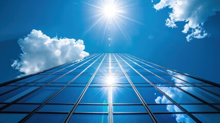 Blue glass building. Blue sky. Exterior view of a tall building. Sunny day. High angle view.