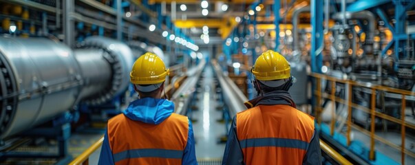 Fototapeta premium Two workers in safety gear observing machinery in a large industrial plant. The factory environment highlights complex equipment and technology.
