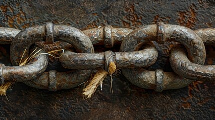 Close-up of a metal chain with links missing and replaced with straw ropes 
on a dark brownish-black background