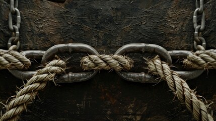 Close-up of a metal chain with links missing and replaced with straw ropes 
on a dark brownish-black background
