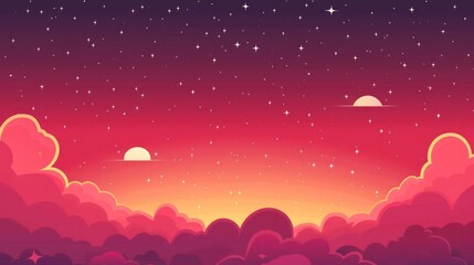 Naklejka premium Vibrant sunset sky with stars and clouds, two moons in the horizon.