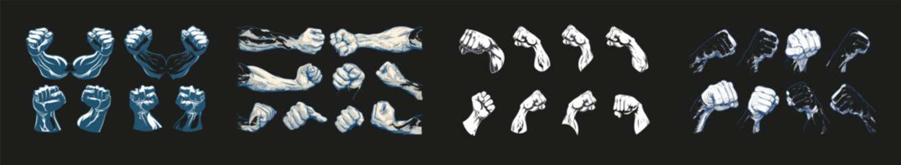 An isolated modern illustration of a strong hand muscle. Base muscles, hard biceps and hands. Muscular logo, gym badge or bodybuilding badge.