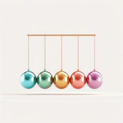 A vibrant illustration of a Newton s cradle demonstrating physics principles, set against a clean white backdrop