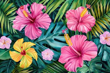 Vibrant tropical floral background featuring pink and yellow hibiscus flowers with lush green leaves, ideal for design and decor purposes.