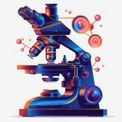 A vibrant illustration of a microscope with highresolution lenses, set against a clean white backdrop