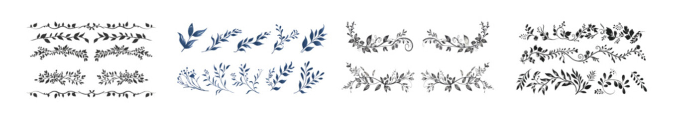 Modern set of botanical ornament dividers with leaf scrolls, decorative branches, and hand drawn elements. Bundle of pairs of sprigs, botanical design elements, natural monochrome designs.