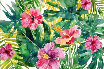 Vibrant tropical floral pattern featuring colorful hibiscus flowers and lush green leaves, ideal for summer and exotic themed designs.