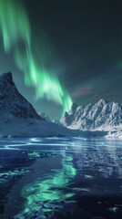 Naklejka premium Serene Mountain Lake with Aurora-Filled Sky