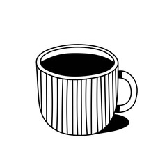 A striped cup with a drink. Black and white vector illustration.