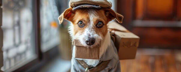 Adorable dog dressed as a mail carrier with uniform and package, standing indoors, ready to deliver a message.