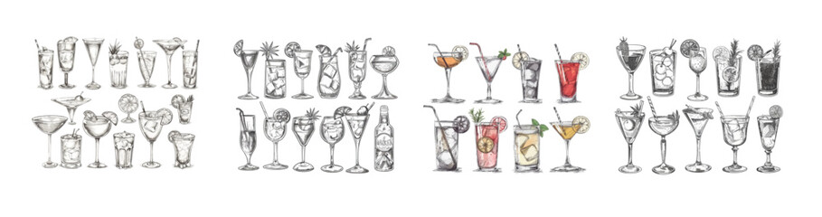Modern illustration set of cocktails. Sketched alcohol drinks in glasses. Drinks such as cherry cocktail, champagne and pina colada, strawberry mojito, wine for restaurant, cafe, bar menus.