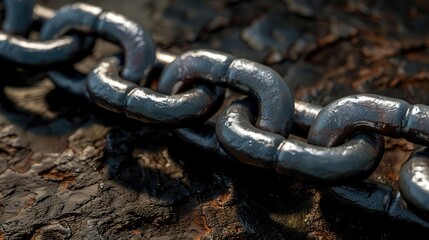 Obraz premium Close-up view of metal chain with links represents strength On a dark brown-black background