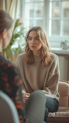 Obraz premium Talking with a psychologist in the office, a young woman is undergoing mental therapy.