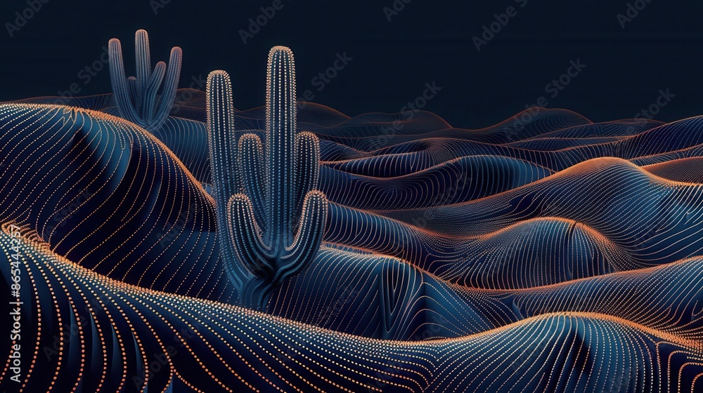 Poster sleek cactus design with flowing lines, accented by a subtle gradient, on a dark background