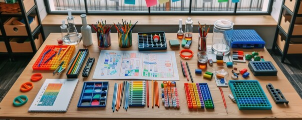 A neatly organized workspace filled with art supplies and colorful stationery arranged on a wooden table by the window.