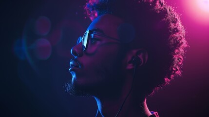 Young man in glasses with neon lighting - Generative AI