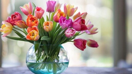 Stunning Display of Parrot Style Tulips in Glass Fishbowl Vase for Spring Decoration in the Living Room