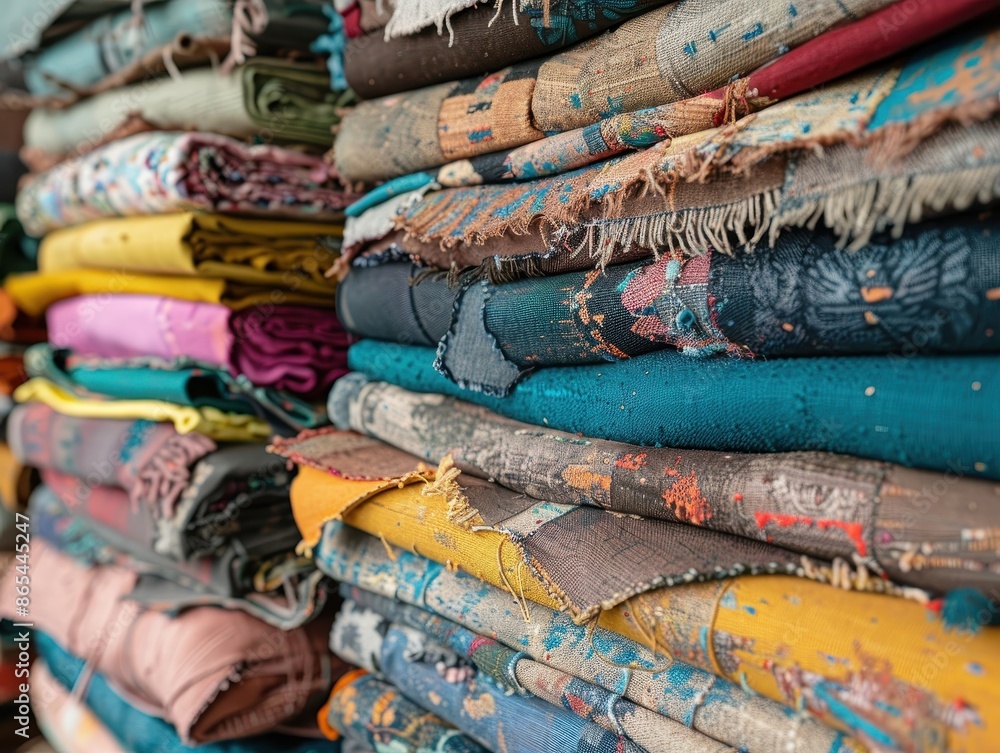 Poster a pile of colorful fabric with a variety of patterns and textures