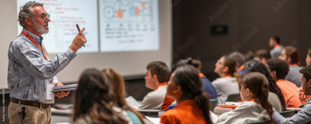 Wall mural professor giving a lecture in a university classroom with students attentively taking notes and enga