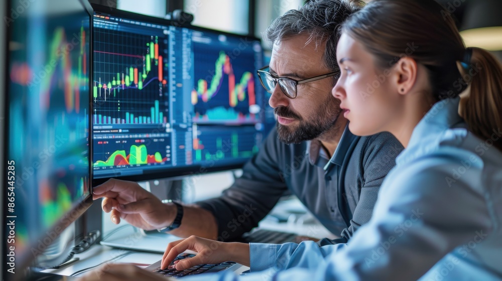 Poster business professionals analyzing stock market data on multiple computer screens in a modern office s