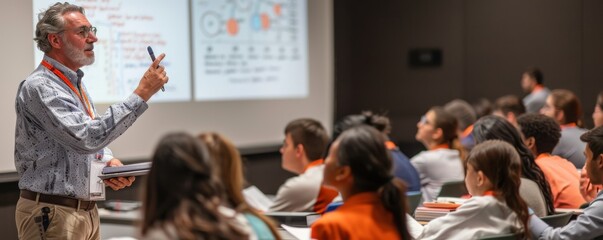 Professor giving a lecture in a university classroom with students attentively taking notes and engaging with the material presented on the screen.