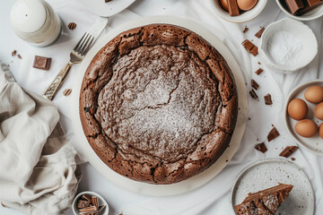 A classic chocolate cake dusted with powdered sugar, surrounded by chocolate pieces and baking ingredients, ready to be served.