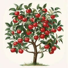 Obraz premium An apple tree laden with ripe, red fruit and green leaves, set against a clean white backdrop