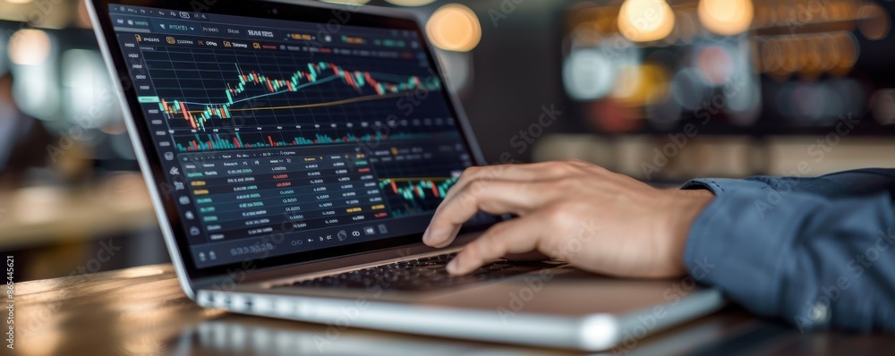 Poster Close-up of hands on a laptop displaying stock market chart data in a modern office environment with soft lighting.