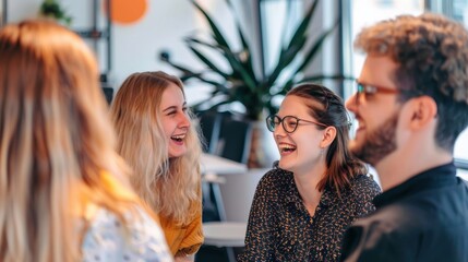 A business team in a casual meeting, laughing and interacting, showcasing a collaborative and friendly work environment