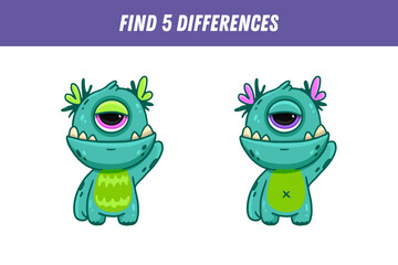  Find 5 differences between two pictures of cute monster. Cute alien. Vector illustration 