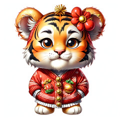 Fototapeta premium Watercolor clip art a cute baby Chinese clothing Tiger red gold ornaments twelve chinese zodiac on a white isolated background 