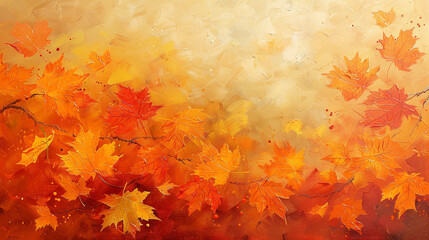 abstract painting of autumn leaves in vibrant orange, yellow, and red hues. The textured brushstrokes on the acrylic canvas create a colorful, modern depiction of fall foliage.
