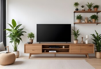 Mockup poster TV cabinet and storage space in a living room with a white wall. Generative AI