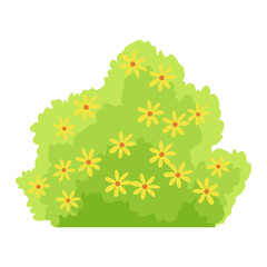 Bush with flowers icon. Cartoon forest and park shrubbery with floral elements. Landscape scene create element. Vector cartoon illustration