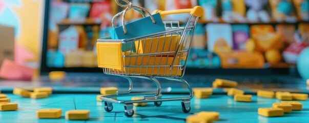 Mini shopping cart filled with credit cards on a colorful background, representing online shopping and e-commerce concept.