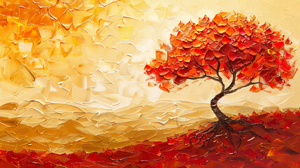 This image features an abstract painting of a tree in autumn with vibrant orange, red, and yellow leaves. The textured brushstrokes on the acrylic canvas create a colorful, modern landscape