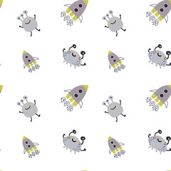 Childrens cute pattern with monsters or aliens in space. Galaxy elements and rockets, planets background. Cute characters and cosmic objects for print. Childrens adventure pattern in naive doodle styl