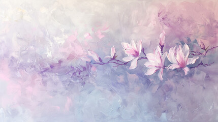 This image features magnolia flowers in an abstract painting with soft pastel colors, including purple and pink. The delicate petals and textured brushstrokes create an elegant, contemporary floral de