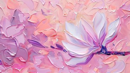 This image features an abstract floral painting with pastel colors, including purple and pink brushstrokes. The textured petals are created using an impressionist style.