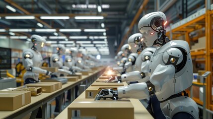 Fototapeta premium Robots working on an assembly line in a high-tech factory, automating the packaging process, showcasing industrial automation in manufacturing.