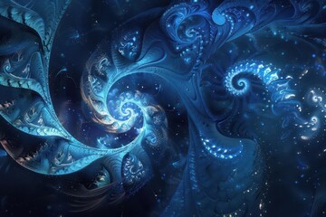 abstract digital artwork featuring swirling blue fractals and luminescent particles depth and movement reminiscent of deepsea bioluminescence