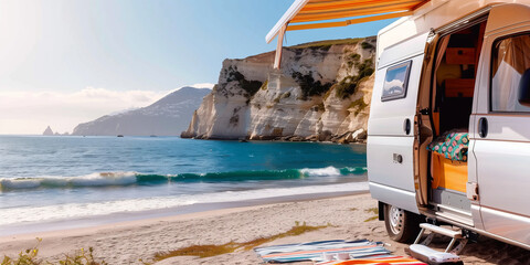 Camper Van Overlooking Rocky Coastal Landscape