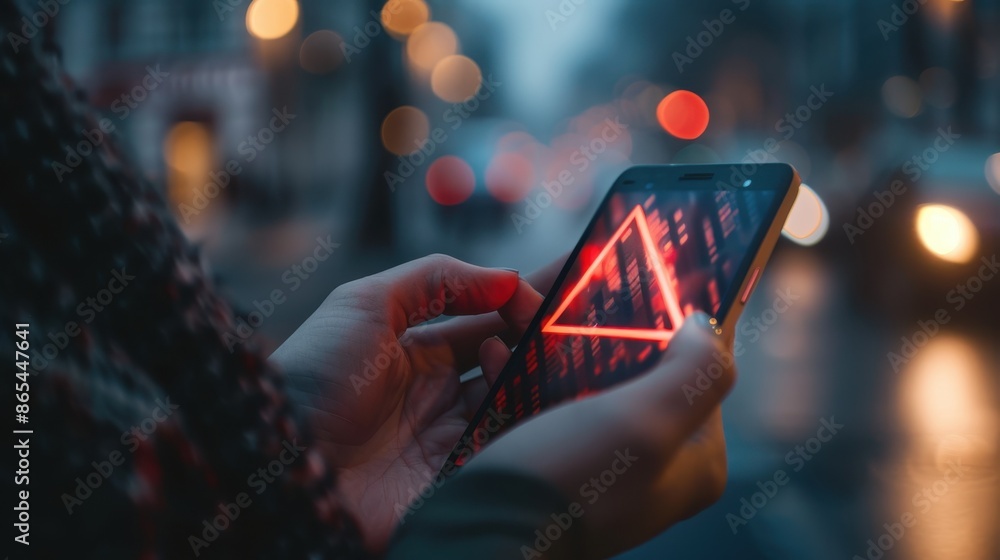 Poster a person is holding a cell phone with a red exclamation point on it. the phone is displaying an erro
