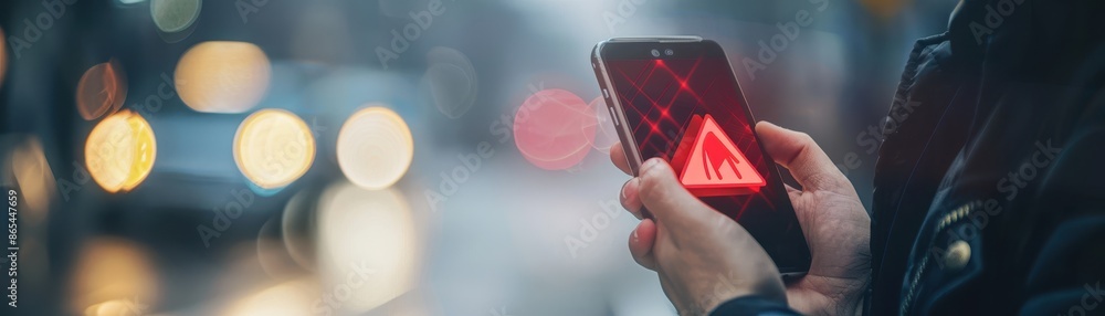 Poster a person is holding a cell phone with a red exclamation point on it. the phone is displaying an erro