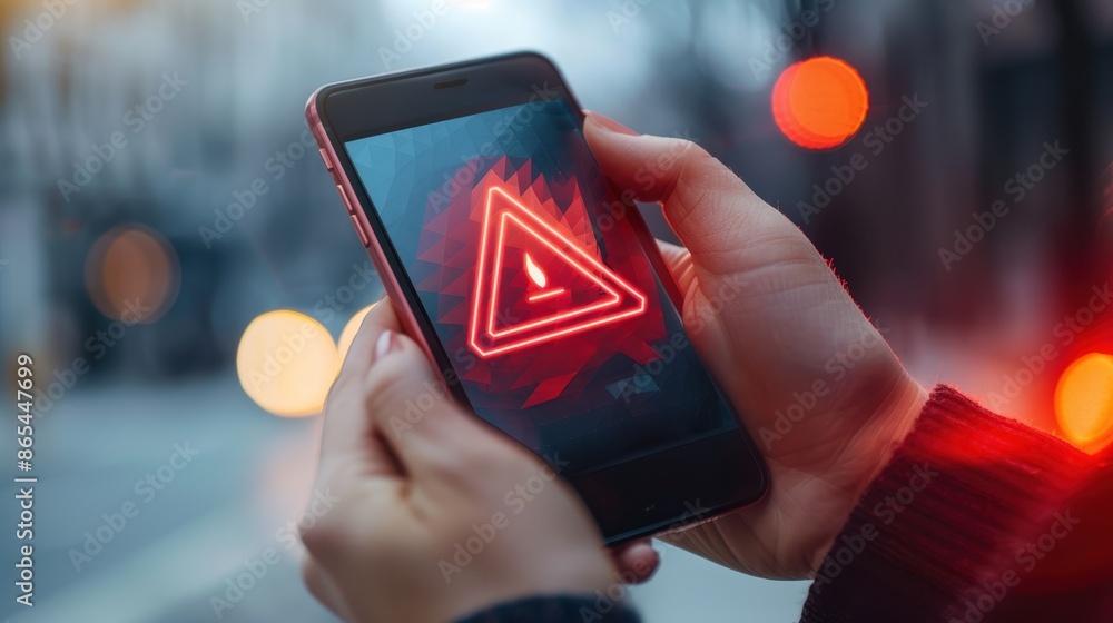 Poster a person is holding a cell phone with a red exclamation point on it. the phone is displaying an erro