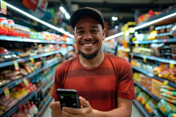 Smiling Man Using Mobile App While Shopping in Grocery Store Aisle