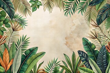 A whimsical pattern of tropical plants surrounds a rough plaster wall. Empty space for text in the middle.