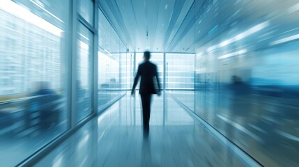 A dynamic shot of a business leader walking confidently through a corporate hallway, with motion blur adding a sense of urgency