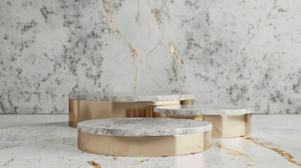 Luxurious marble and gold podium display against abstract backdrop
