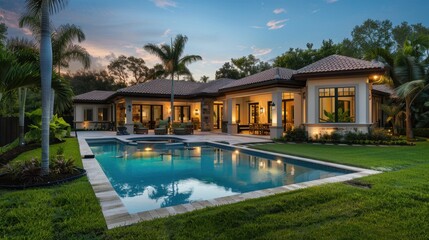 Fototapeta premium New luxury home exterior with a lush backyard